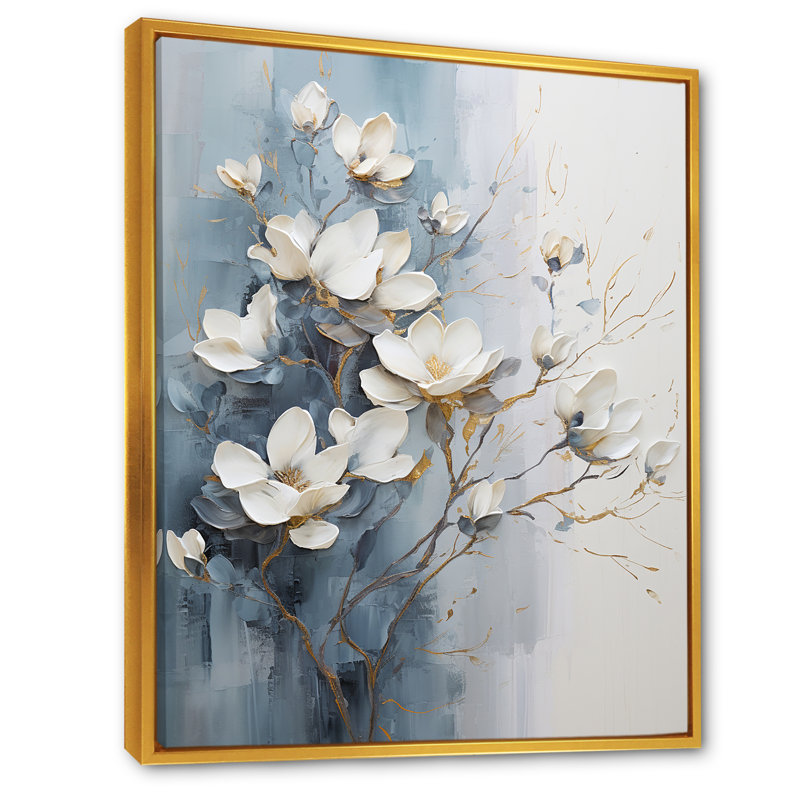 «Magnolias II», art mural bleu et blanc sur toile, Cadre flottant doré, H 32 po x l 16 po x P 1 po