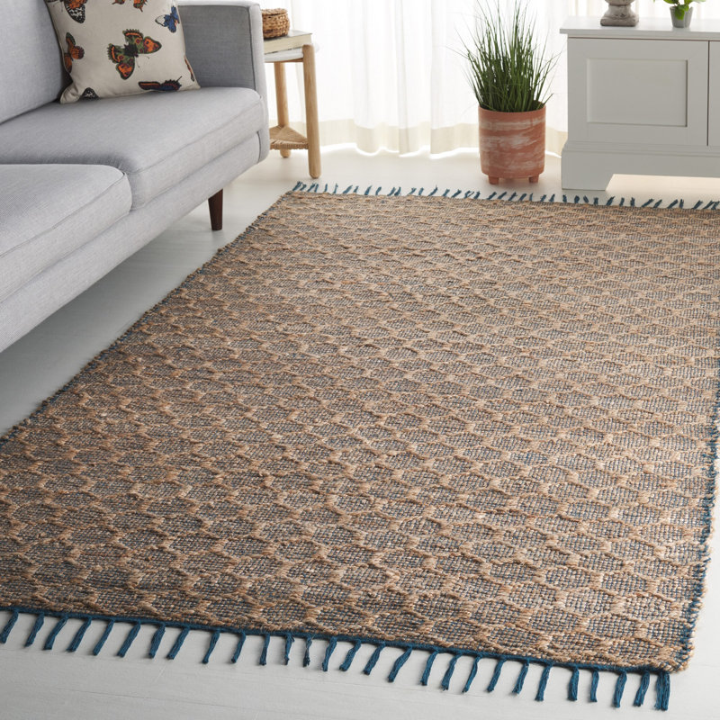 Lanston Geometric Handwoven Cotton Navy/Tan Area Rug, Rectangle 5' x 8'