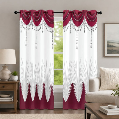 2Pcs Burgundy and White Curtain, Elegant Valance Style Drape, Sophisticated Jewel Tassel Printed Pattern Grommet Window Panels, Window Treatment for Bedroom Living Room Decor