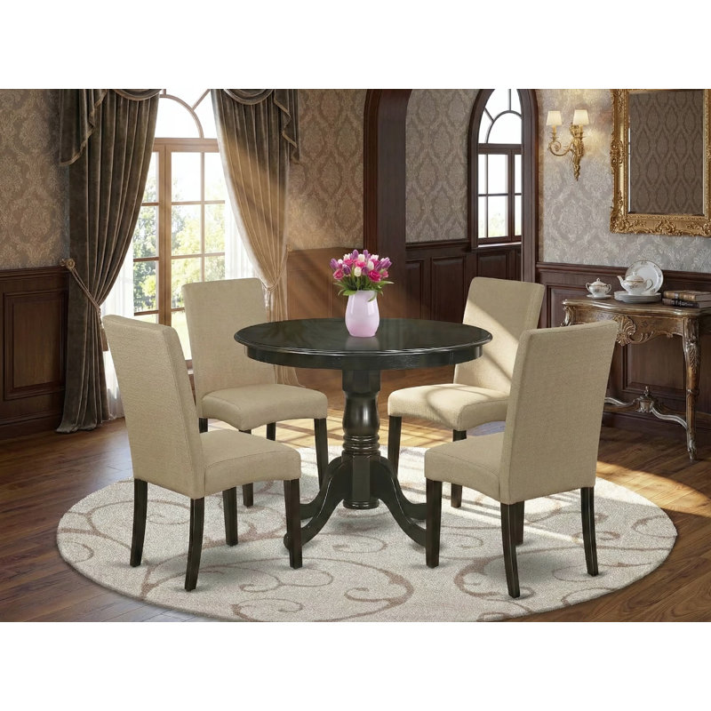 5 Piece Kitchen Table & Chairs Set Includes a Round Dining Room Table with Pedestal and 4 Brown Linen Fabric Parson Dining Chairs, Cappuccino