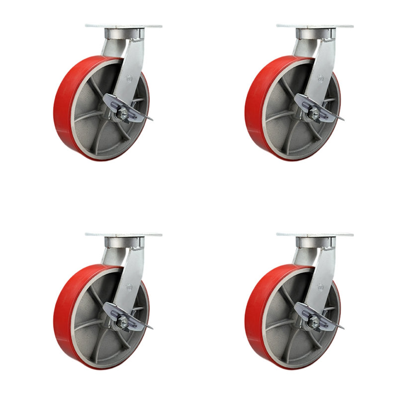 Ensemble de roulettes pivotantes en polyuréthane robuste avec freins, Rouge