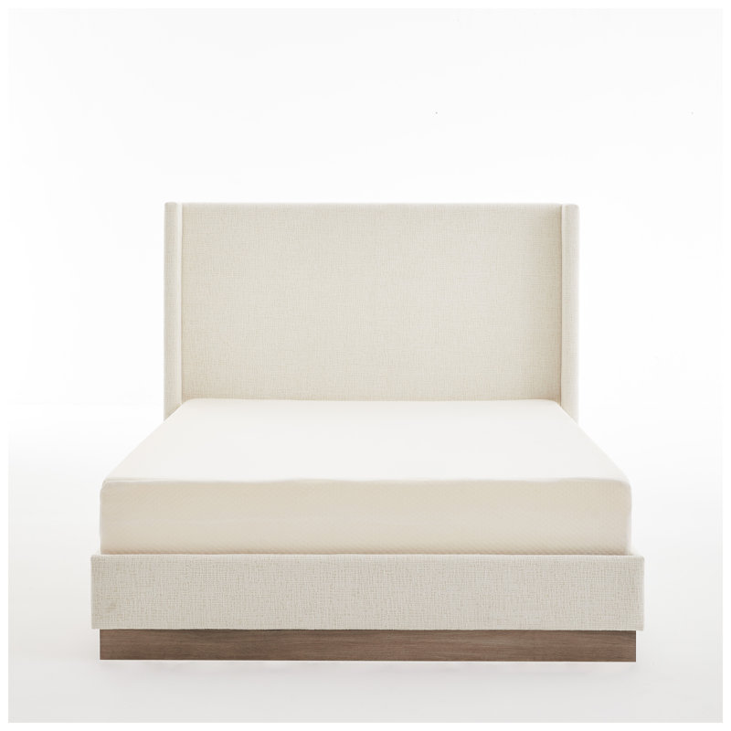 Grand lit plateforme tapissier à oreilles Hosford - Toile texturée ivoire avec base en bois rustique, aucun sommier nécessaire
