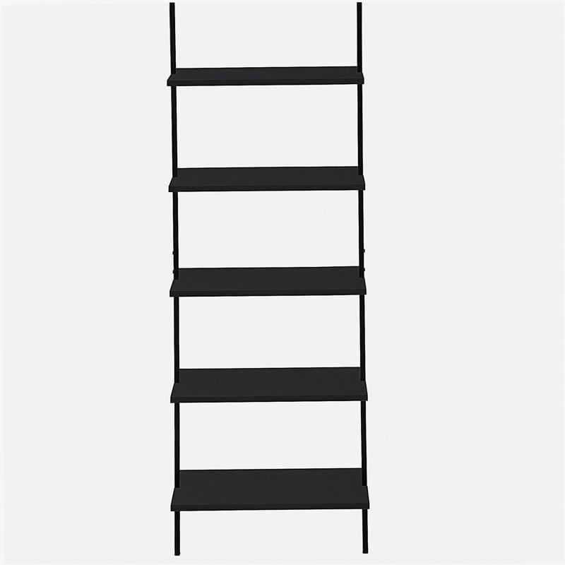 Tablette de présentation trapézoïdale à cinq niveaux, structure en grain de bois gris et structure en métal noir