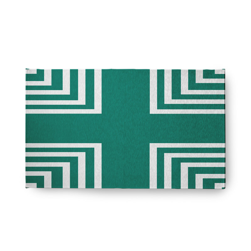 Tapis intérieur / extérieur géométrique en chenille tissé à la machine en vert / blanc, Rectangle 1 pi 6 po x 2 pi 6 po