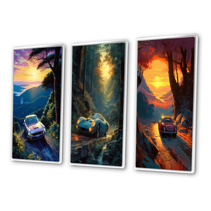 «Forest Drives In Classic Car», 3 pièces sur toile, Cadre flottant blanc, H 20 po x l 36 po