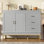 Lit escamotable Queen avec portes en bois, faux tiroirs, pieds en métal, cadre de lit avec rangement - Gris