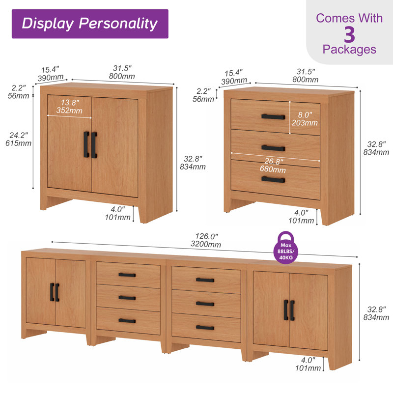 Eaton 4-Piece Modular Sideboard With Drawers & Doors, Farmhouse Storage Cabinet For Living Room, Dining Room, Or Hallway, Mocha