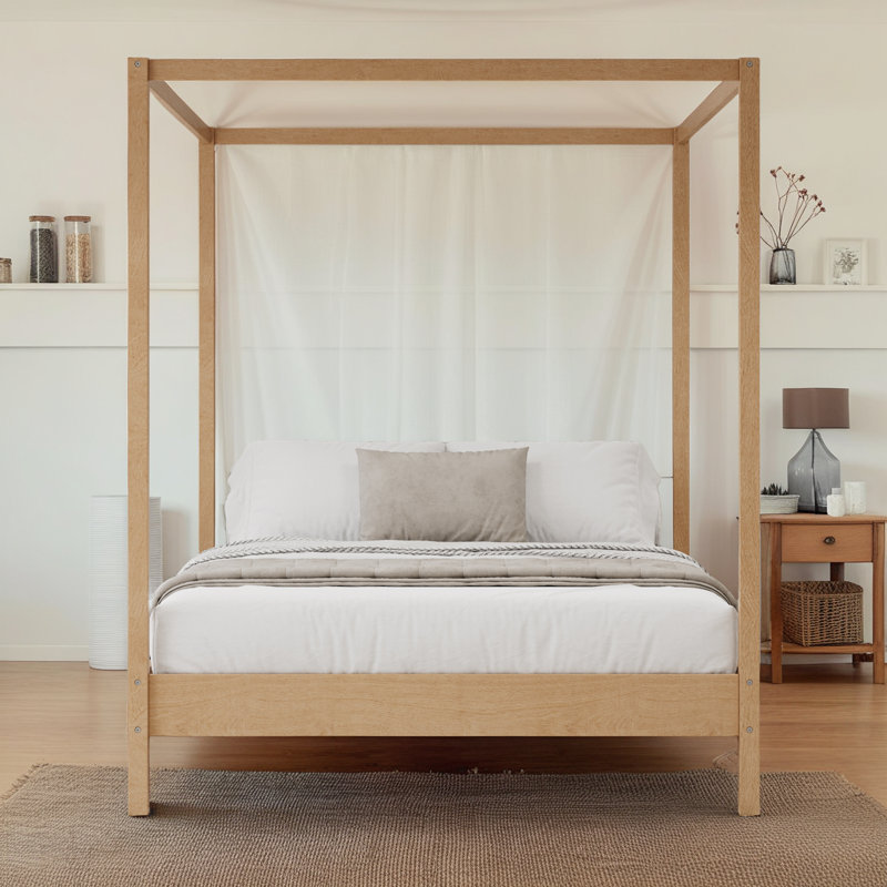 ?Elegant Canopy Bed Frame – 4-Poster Platform Bed with Slats, No Box Spring Needed?, Natural, King