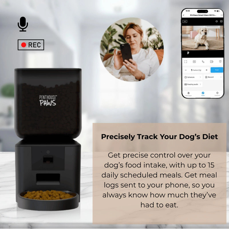 Penthouse Paws Smart Maxx HD Automatic Pet Food Feeder, 7L Capacity, 1080p Camera, WiFi App Control, 2-Way Audio, Anti-Jam Design, Backup Power, Stainless Steel Bowl, Black, for Cat & Dog
