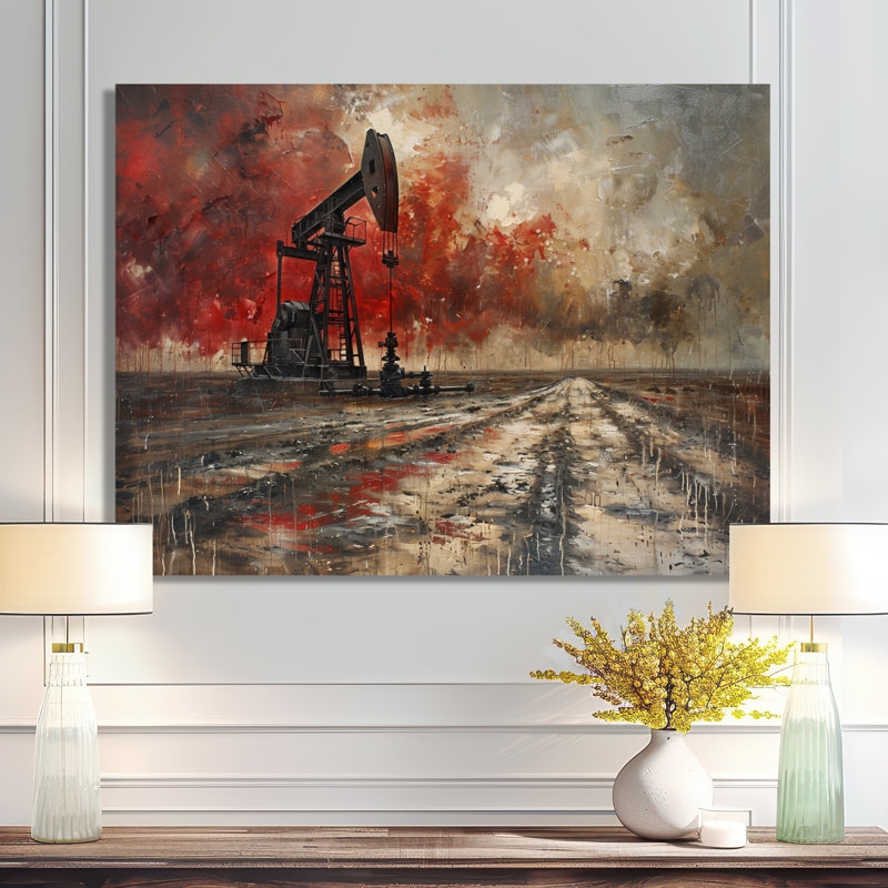 «Red Winter Oil Fields Industrial Icon II - Oil Rigs / Fields», reproduction d'art murale, Canevas