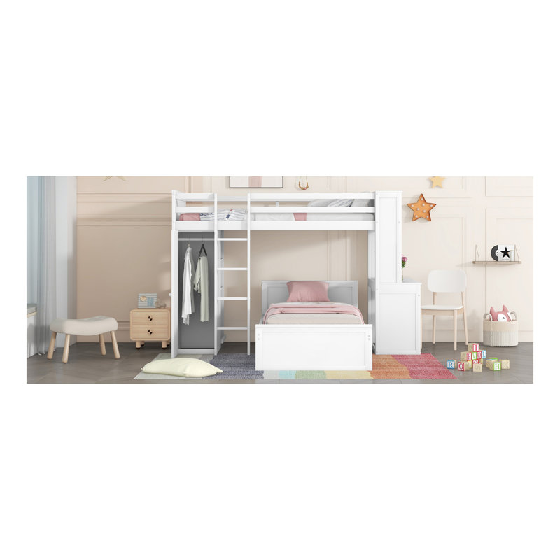 Lit mezzanine simple avec lit autonome, tablettes, bureau et garde-robe - blanc, Lit simple, Blanc