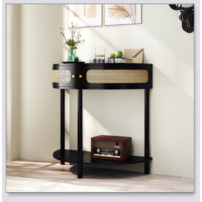 Unique Half Moon Design End Table With Sliding Rattan Door, Elegant Semi-Circle Entryway Furniture