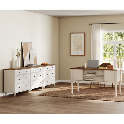 55.9'' Farmhouse Style Desk And Wooden Dresser Combo Set,  Dressers With 9 Drawers, Mid Century Modern Wooden Closet Storage Organizer, Wood Office De