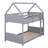 Twin Over Twin House Bunk Bed, Rubberwood Floor Bunk Bed Frame With Ladder & Guardrails & Headboards & Footboards, Low Bunk Bed