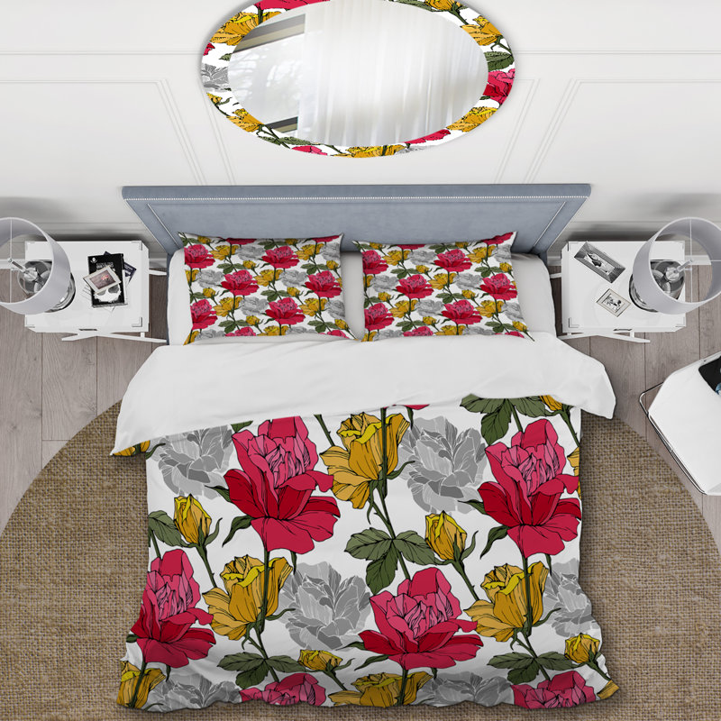 Ensemble de housse de couette Green Leaf And Beautiful Roses - Cabin & Lodge, Housse de couette pour très grand lit et 2 très
