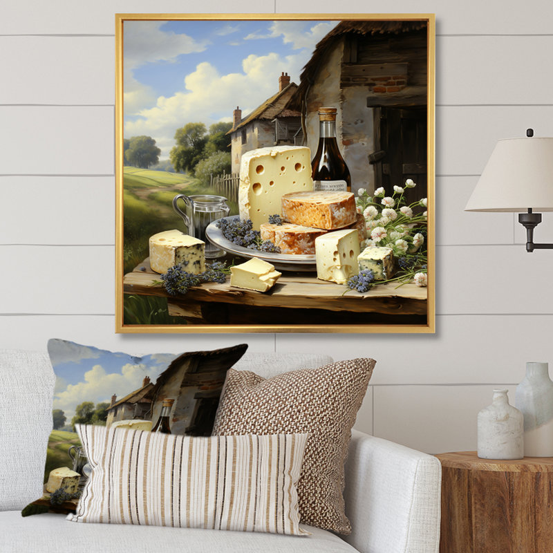 French Cheese Symphony - reproduction sur toile, Cadre flottant doré, H 16 po x l 16 po x P 1 po