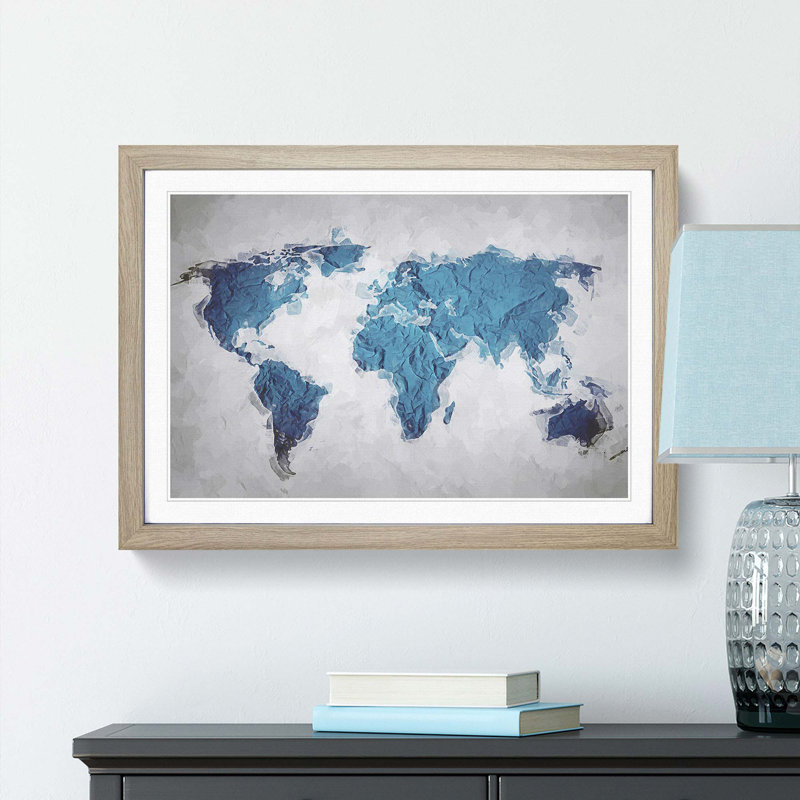 Teal Blue Map of the World in Abstract - Framed Print, Oak Framed, 62cm H x 87cm W x 2cm D
