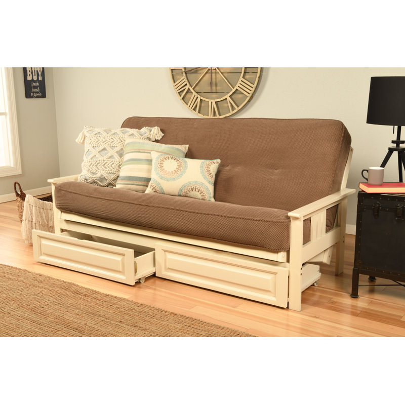 La base de futon pleine grandeur Stratford comprend des tiroirs de rangement et un matelas, Blanc antique