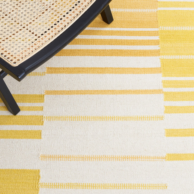Lobato Kilim Hand Woven Flat Weave Wool/Cotton Striped Rug in Gold/Ivory, Rectangle 9' x 12'