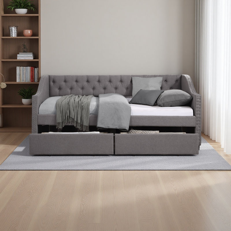 Lit de jour rembourré simple avec deux tiroirs, gris