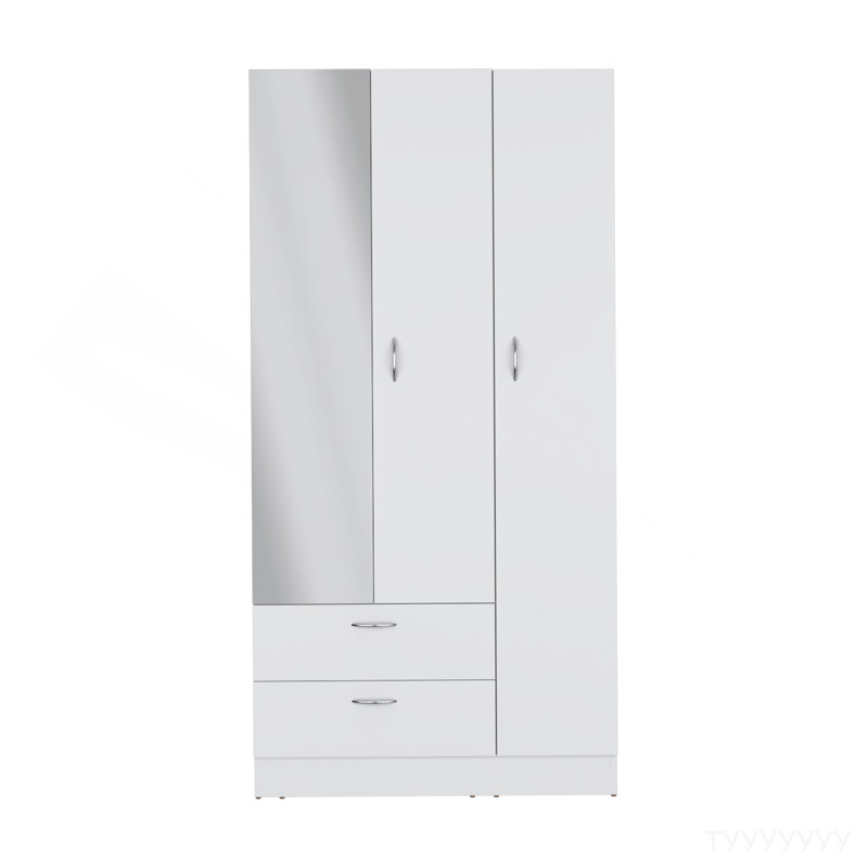 Armoire avec 3 portes, une avec miroir, deux tiroirs, quatre tablettes et barre de suspension, blanc