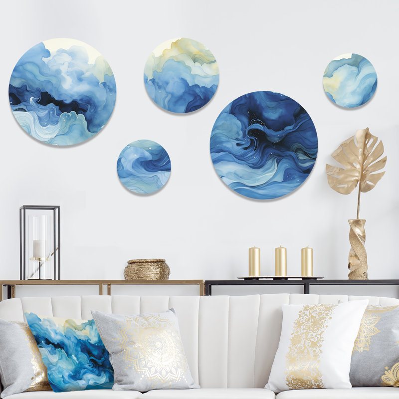 Blue Tidal Ripple Symphony - ensemble de 5 collages abstraits ronds