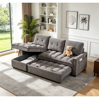 71" L-shaped Sleeper Sectional Sofa With Hide Storage Chaise,Modern Convertible Reversible Pull Out Sofa Bed With USB Ports and Side Pocket