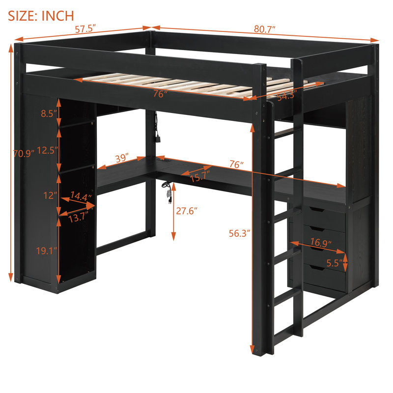 Loft Bed with Lighted Desk, Storage Drawers, Bookcase and Charging Station, Black, Full