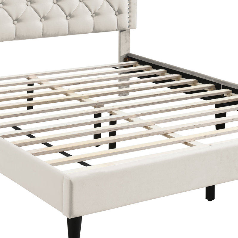 Lit plateforme tapissier Ava, Beige, Grand
