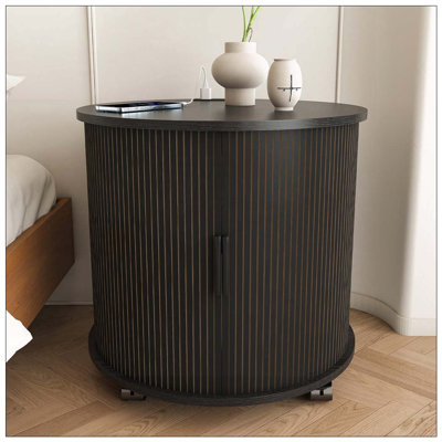 Table de bout cylindrique moderne avec station de charge intégrée et porte coulissante, table de chevet ronde à 2 niveaux avec ports USB, table de chevet