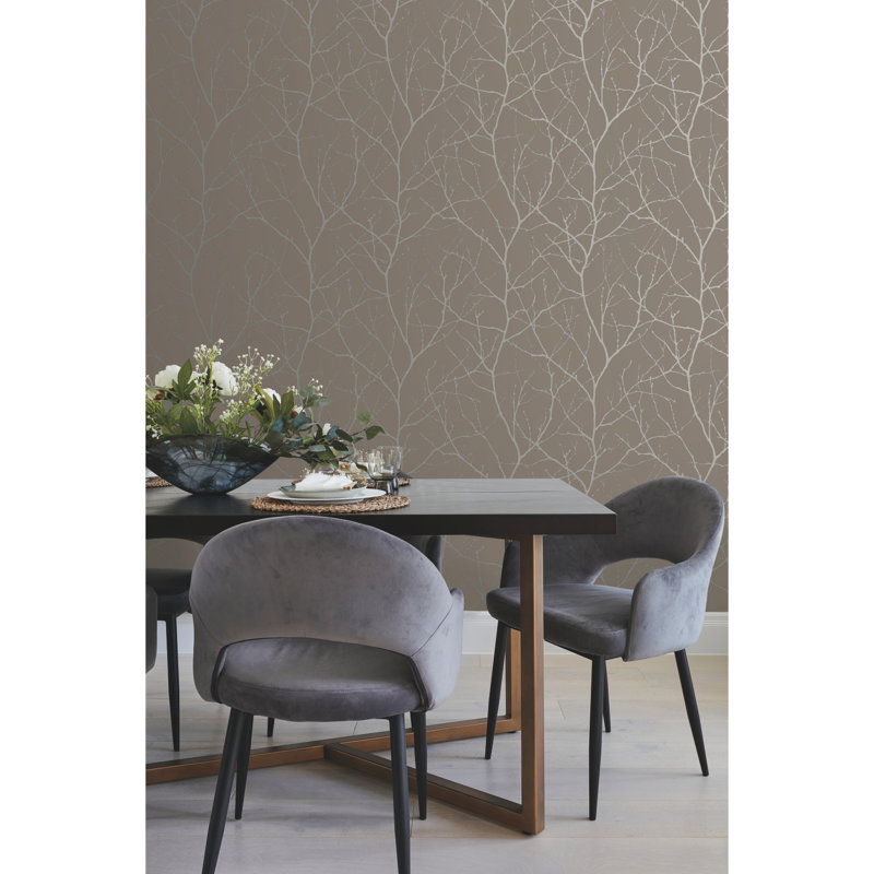 Trees Silhouette Floral Metallic Wallpaper Roll, Brown/Silver