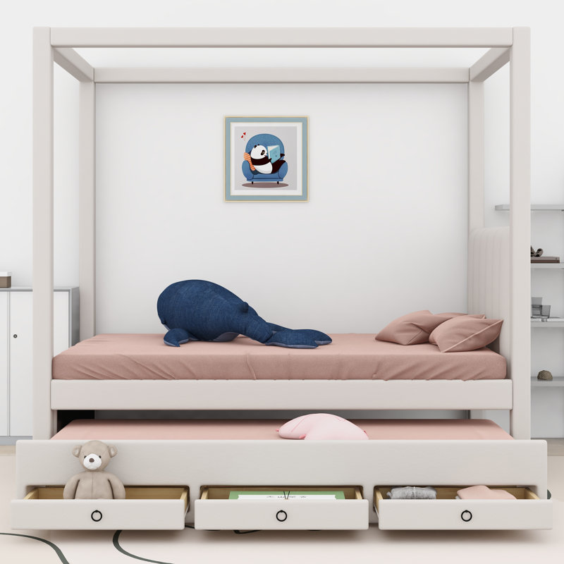 Upholstery Canopy Platform Bed With Trundle, Twin