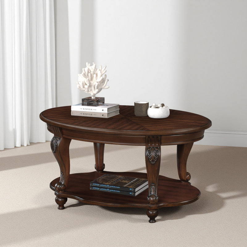 Table basse ovale en bois de 42 po pour le salon, table basse en bois massif à 2 niveaux avec tablette de rangement ouverte