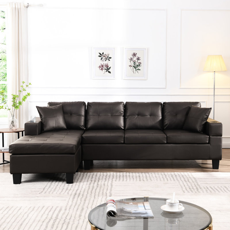 Canapé modulaire 4 places avec méridienne gauche ou droite, porte-gobelet, méridienne brune et riche, Polyuréthane brun foncé