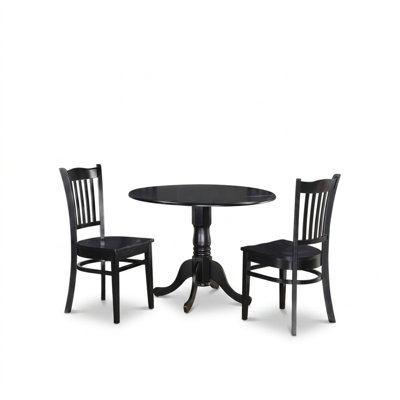 Ensemble de table de cuisine ronde asiatique en bois noir avec abattants et pied central, composé de 3 pièces.