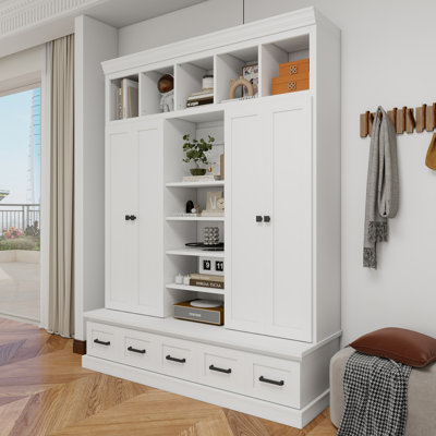 Hall Tree With 4 Doors & 5 Drawers For Living Room,White Large Storage Hall Tree With Bench,Mudroom Cabinet With Adjustable Shelves For Entryway