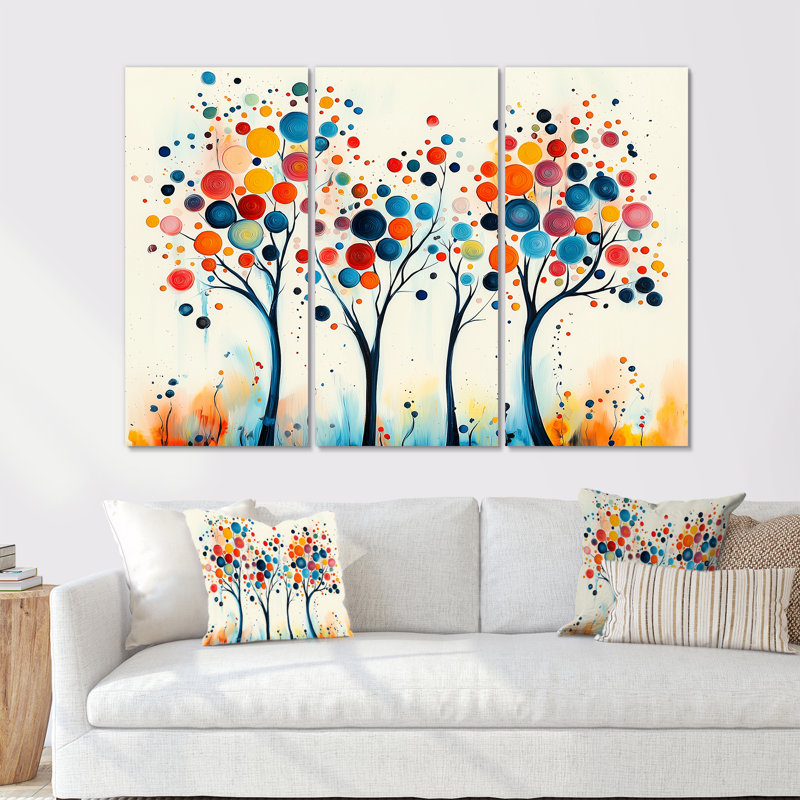 5 saisons orange et bleu arbre reflets II - ensemble abstrait d'art mural Mid-Century, Métal métal