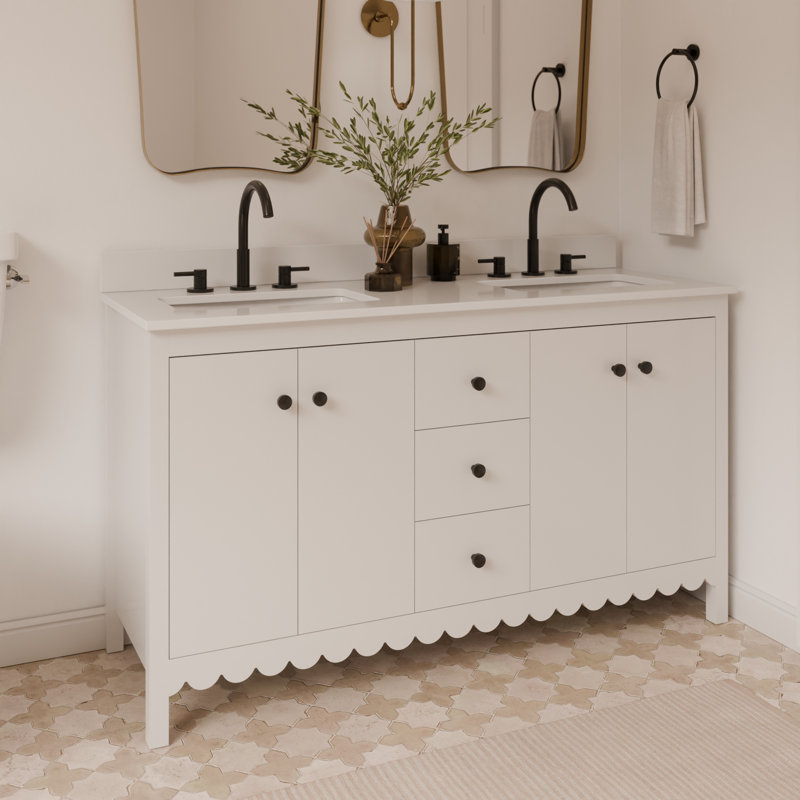 Meuble-lavabo à double cuve festonné 60 po - blanc - avec plateau - boutons noirs, Gris / Noir mat