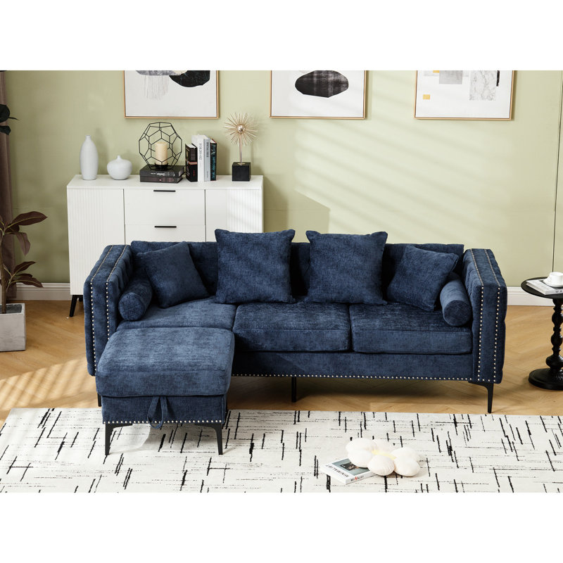 Canapé modulaire 3 places avec accoudoirs carrés en chenille 3 places, bleu, avec rangement, Bleu