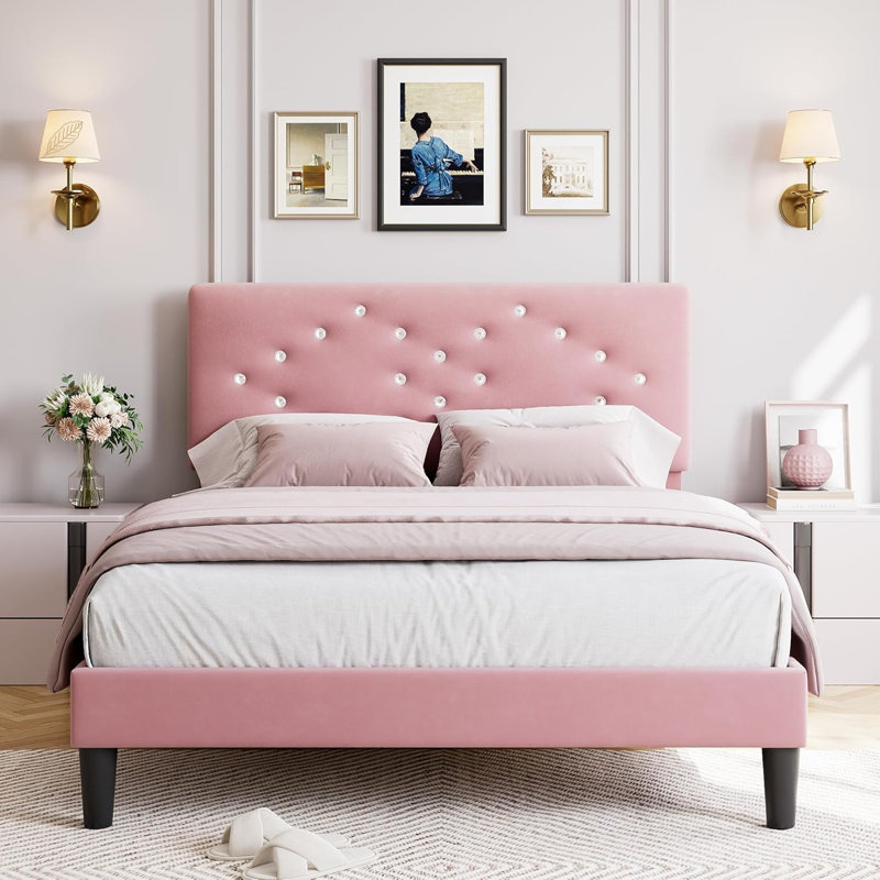 Cadres de lit avec tête de lit capitonnée à boutons, lit plateforme tapissier en lin avec support à lattes en bois, Rose