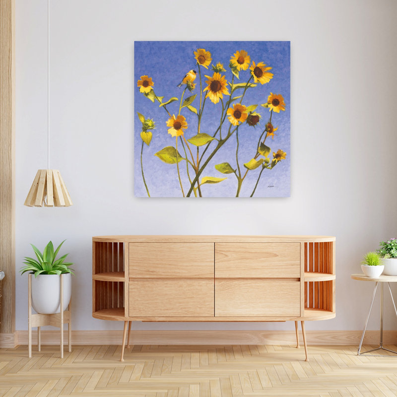 Art contemporain contemporain abstrait oiseau tournesol printemps été, H 36 po x l 36 po