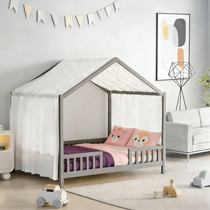 Lit de style maison basse avec rideaux, Simple, Gris
