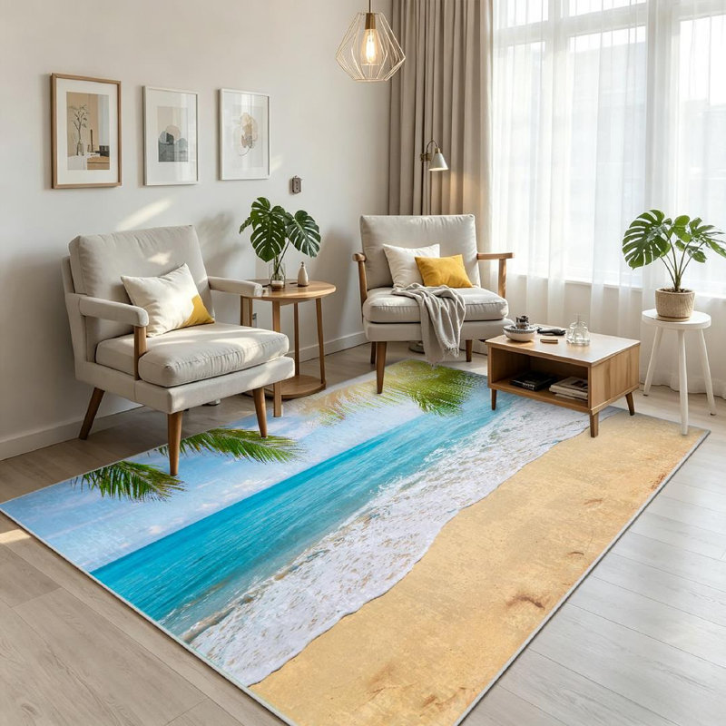 Tapis clair pour plage ensoleillé et lavable à la machine Tropical, Rectangle 71 po x 98 po