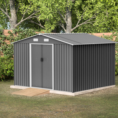 Remise grise 10 x 8 pi avec structure en métal et cadre de rangement extérieur verrouillable