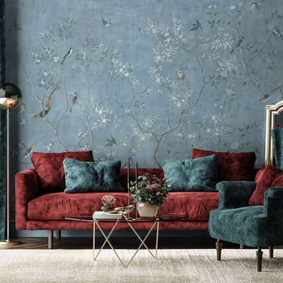 Blue Chinoiserie Blossom Wall Mural | Dusty Blue Bird Branch Wallpaper | Non-Woven or Peel and Stick