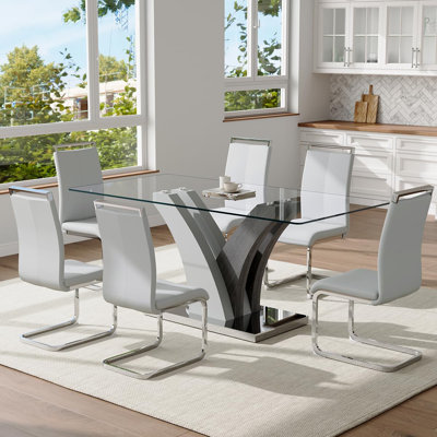 71" Dining Table Set For 8, Glass Dining Room Table Set With Tempered Glass Tabletop And PU Leather Chairs
