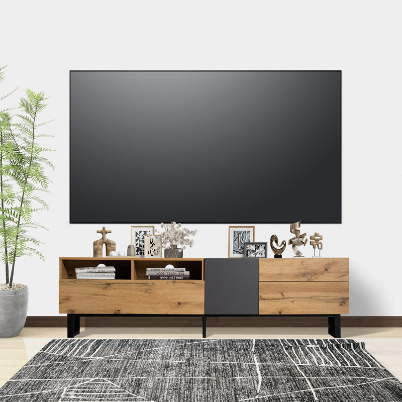 High-Gloss Tv Stand For 75" Tvs - Led App Control, 2 Drawers, 2 Cabinets, Soft-Close Doors, Natural Wood