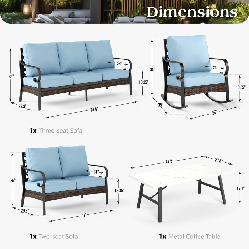 7-Person Outdoor Conversation Set With Loveseat & Rocking Lounge Chairs, Blue