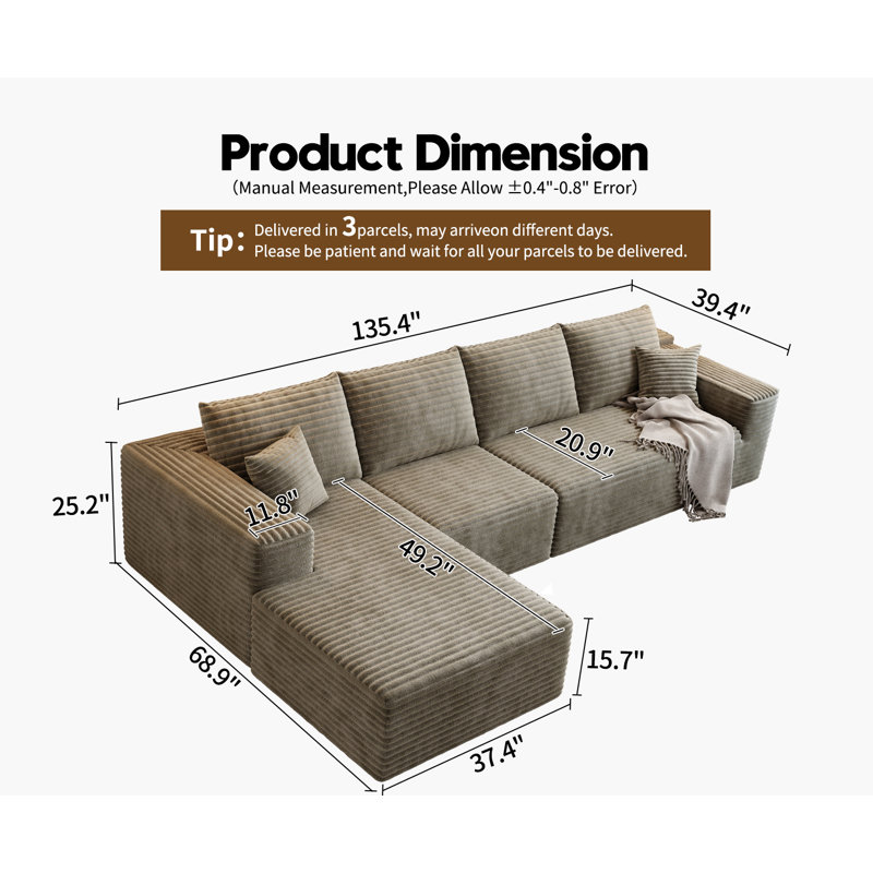 Canapé modulaire 135,4 po Cloud, Orienté à gauche (vu de face), Tissu velours côtelé moelleux Camel