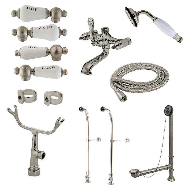 Kingston Brass Vintage Three-Handle 2-Hole Freestanding Clawfoot Tub Faucet Package with Supply Line, Hand Shower and Tub Drain